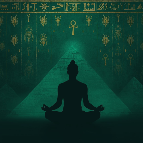 meditáló alak egyiptomi piramissal a háttérben, óegyiptomi szimbólumokkal