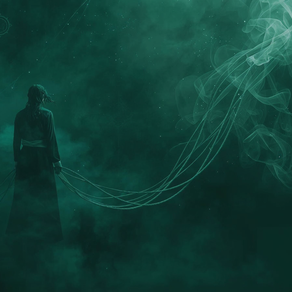 kötelekkel körbevett alak, a kötelek a misztikus végtelenbe mennek