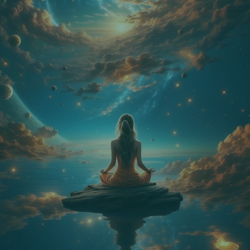 meditáló női alak hátulról fotózva egy misztikus tavon, melyben tükröződnek a felhők