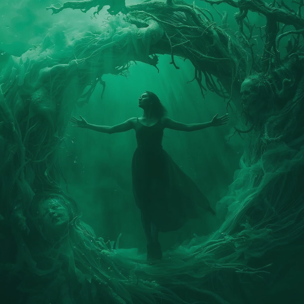 női alak egy misztikus élő kör közepén