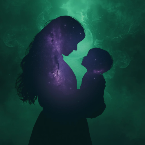 női alak, aki kisgyermekét tartaj ölében és egymás szemébe néznek, misztikus köd háttérrel